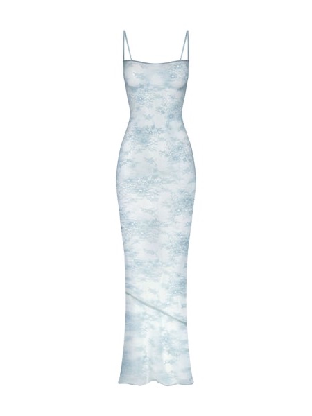 Skims Ultra Fine Lace Cami Long Dress In Denim Xxs